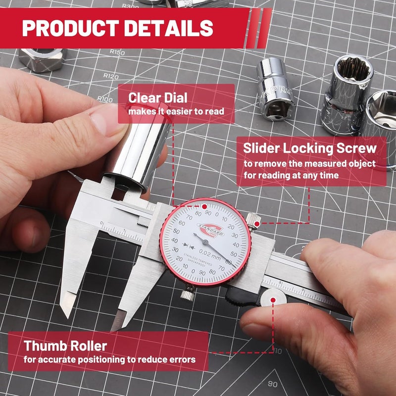 Standard Gage Metric Dial Caliper Measuring Tool 0-150mm Range, Analog Precision Caliper ±0.02mm Accuracy, Manual Mechanical Metal Stainless Steel Measuring Dial with 4-Way Measurements - Image 4